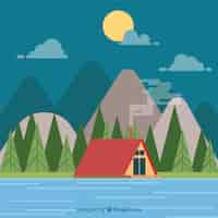 Free vector house background in a nice landscape in flat design