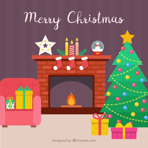 house background with fireplace and christmas decoration