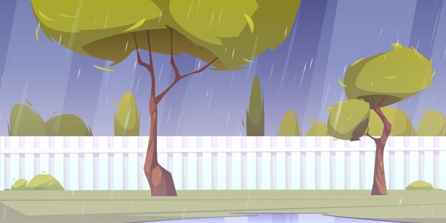 House backyard at rainy weather, home back yard at rain with green trees, bushes, puddles at grass lawn and white wooden fence. Cottage garden landscape, patio cartoon background, Vector illustration