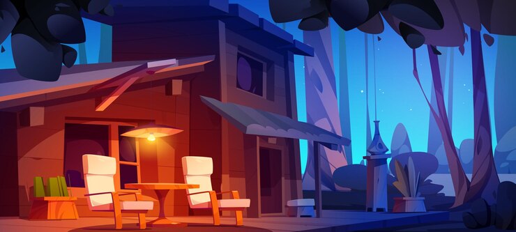 Free Vector house building terrace with light at night scene