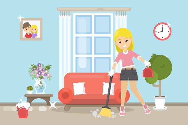 House cleaning illustration Happy smiling woman do cleaning in the room