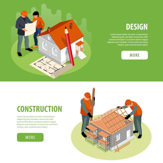 House construction horizontal banners set with design symbols isometric isolated vector illustration