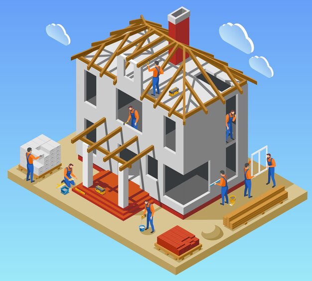 House construction phases isometric poster with team of workers working in unfinished building vector illustration