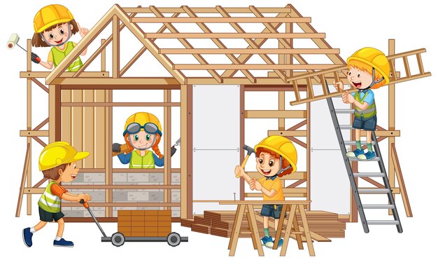 House construction site with cartoon workers