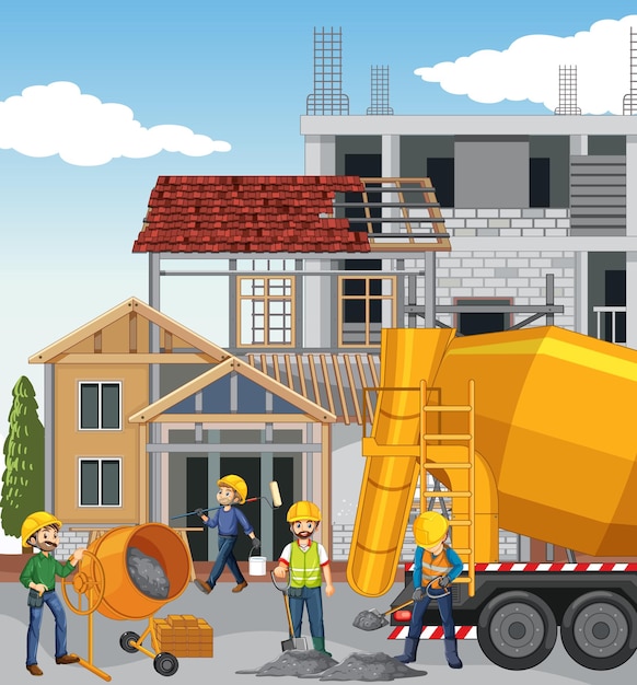 House construction site with workers cartoon