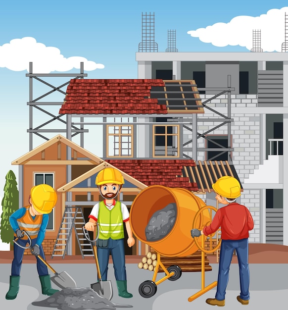 House construction site with workers cartoon