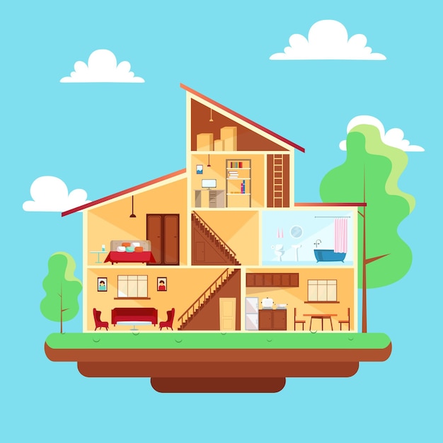 Free vector house in cross-section floating