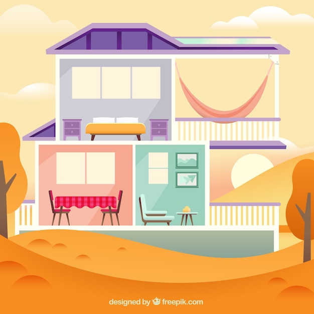 Free vector house in cut view with autumn landscape