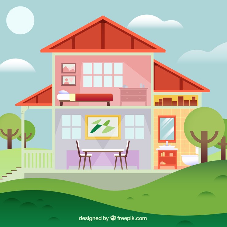 ฟรี Vector house in cut view with spring landscape