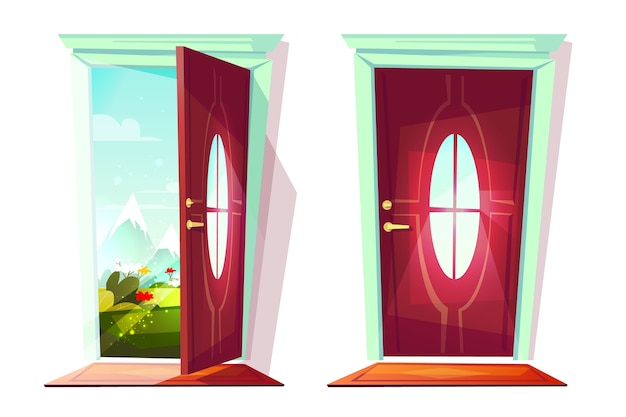 House door open and closed illustration of entrance with view on flowers in street