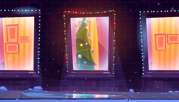 Free vector house facade and christmas tree inside