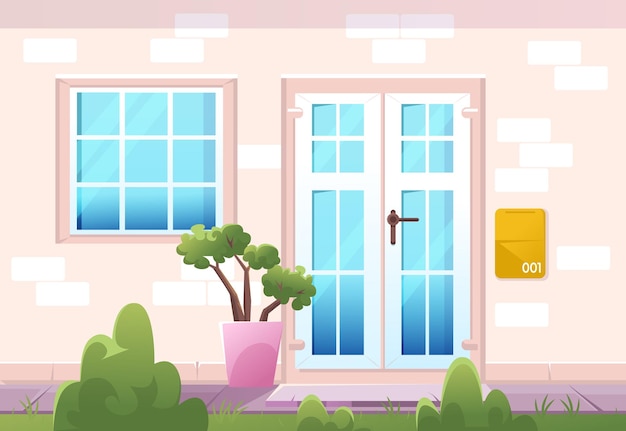 Бесплатное векторное изображение Фасад дома, вид спереди, дом, коттедж, здание снаружи кирпичной стены с пластиковым окном, дверным почтовым ящиком и растением в горшке на пороге, мощеная дорожка и зеленая лужайка во дворе, векторная иллюстрация искусства линии