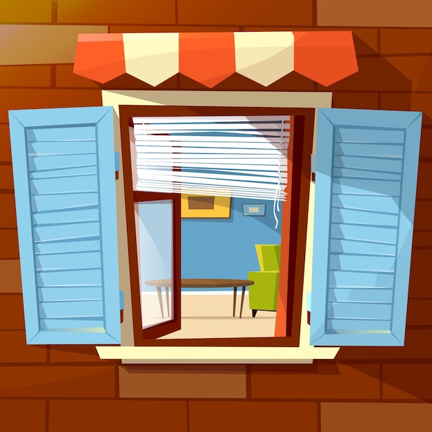 House facade open window illustration of window with open wooden shutters 