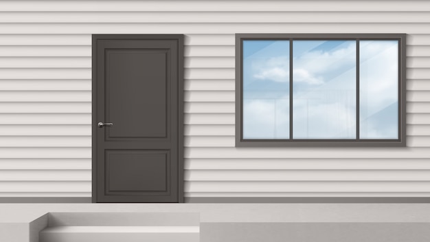 House facade with gray door, window, siding wall