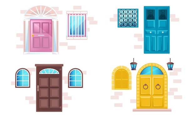 Free vector house facades with different doors and windows