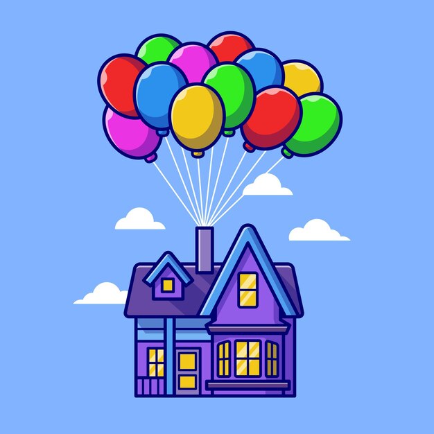 House Floating With Balloon Cartoon Vector Icon Illustration. Building Object Icon Concept Isolated Premium Vector. Flat Cartoon Style