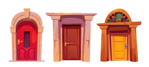Free vector house front door cartoon vector illustration home building entrance exterior isolated design set different closed doorway icon for apartment or office detailed external architecture facade elements