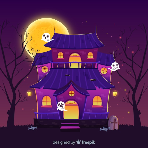 Free vector house and ghosts cartoon halloween house