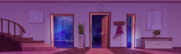 Free vector house hallway interior with storm rainy weather