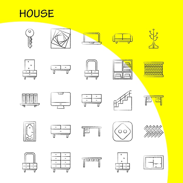 Free vector house hand drawn icon for web print and mobile uxui kit such as couch furniture sofa interior chest drawer furniture keep pictogram pack vector