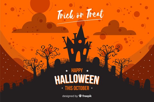 Free vector house on a hill in flat halloween background