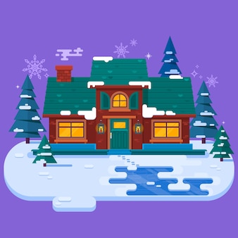 冬の夜の家 クリスマスカード フラットベクトルイラスト 冬の雪の背景 プレミアムベクター 冬の夜の家 クリスマスカード フラットベクトルイラスト 冬の雪の背景 プレミアムベクター