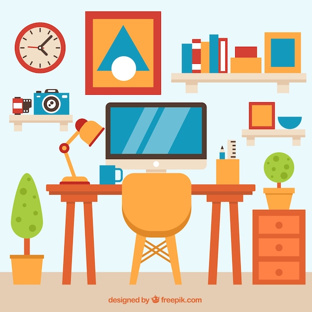 Free vector house interior with colorful items in flat design