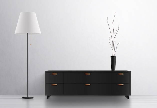 Интерьерная лампа для освещения дома, реалистичная композиция с дизайнерской мебелью и вазой с торшером и шкафчиком