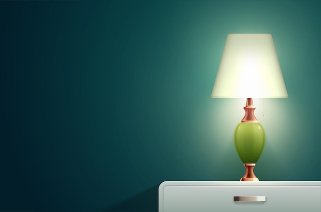 Бесплатное векторное изображение Светильник для домашнего освещения, реалистичная композиция со сплошной синей стеной и прикроватной тумбочкой с маленькой дизайнерской лампой
