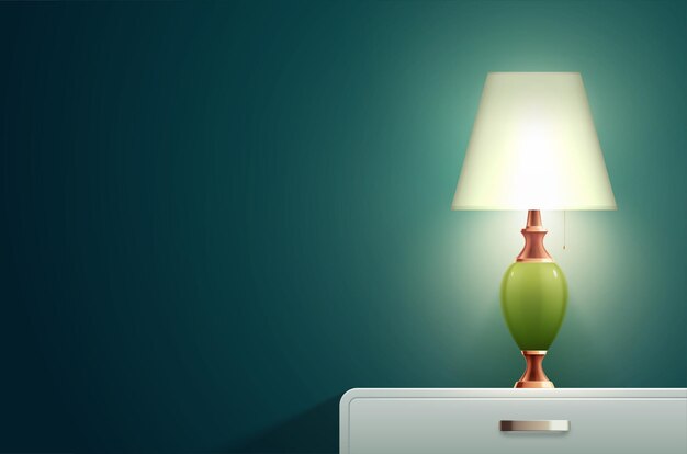 작은 디자이너 램프가 있는 단단한 파란색 벽과 침대 옆 탁자가 있는 집 조명 램프 현실적인 구성