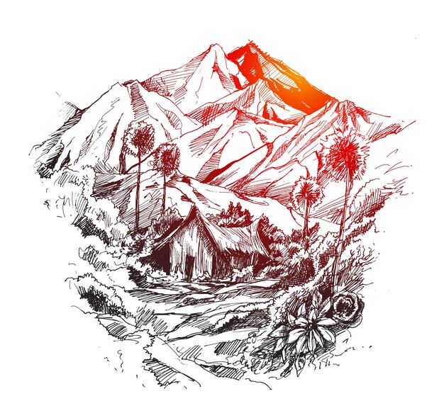 House in mountain landscape Hand Drawn Sketch Vector illustration