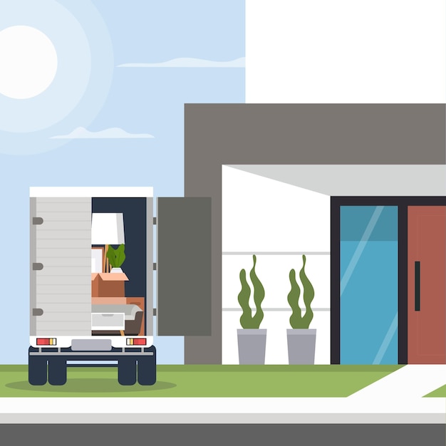 House moving concept illustration with truck