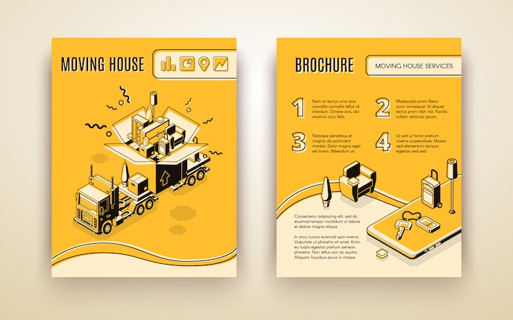 Free Vector house moving, relocation company, delivery service isometric advertising brochure or promotion booklet. 