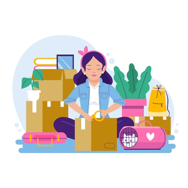 Free vector house moving and woman making packages