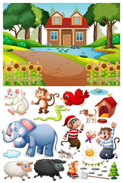 A house in nature scene with isolated cartoon character and objects