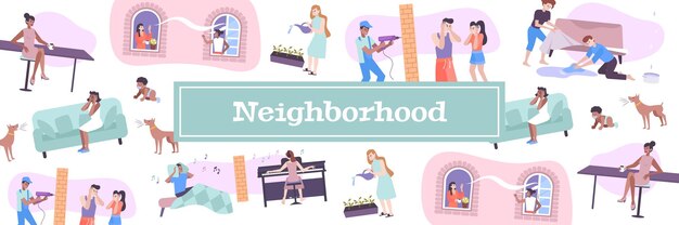 House neighbors illustration with pets and children noise symbols flat