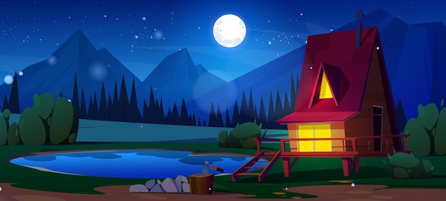 Бесплатное векторное изображение Дом на сваях ночью возле озера векторная игра
