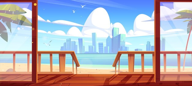 House porch on sea beach and city on skyline