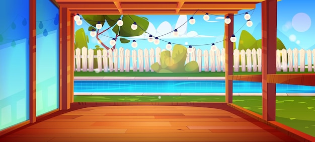 House porch and swimming pool in backyard vector cartoon illustration of summer villa glass door on wooden patio poolside garden with green trees and lawn white fence garland lights sunny day