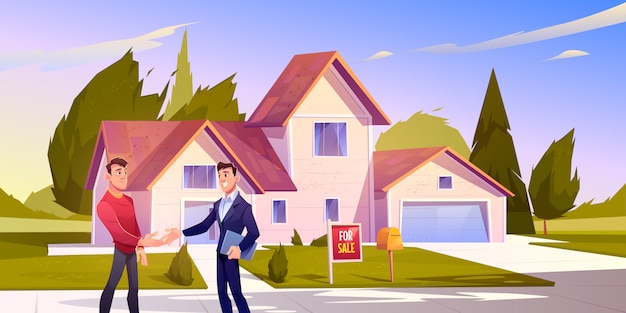 Affare di vendita di casa l'agente immobiliare stringe la mano al proprietario di casa