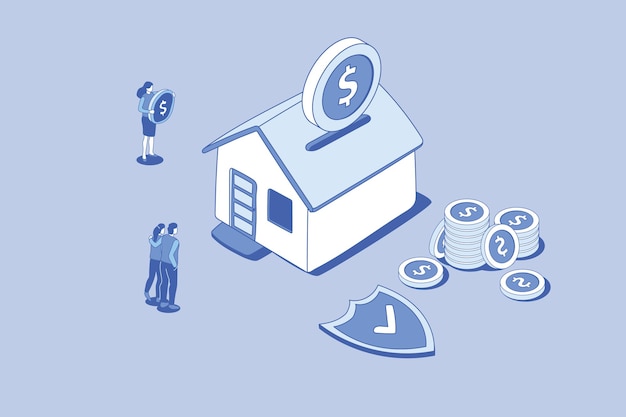 House savings investment concept with people and money save with outline isometric style