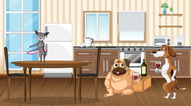 in house scene with dogs drinking wine
