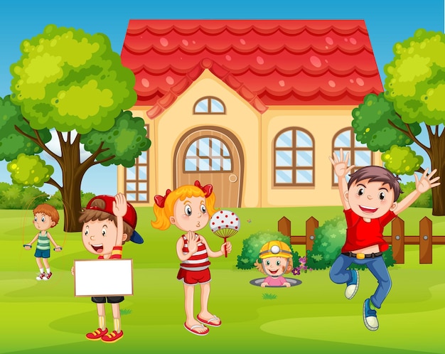 Free vector house scene with many kids