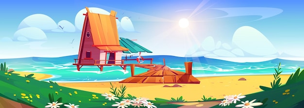 Vettore gratuito casa su palafitte con molo vicino alla spiaggia in estate illustrazione vettoriale thailandia o hawaiana cabina d'albergo tropicale con molo sulla tranquilla costa dell'oceano cottage di villaggio esotico con tetto e sentiero di ponte di legno