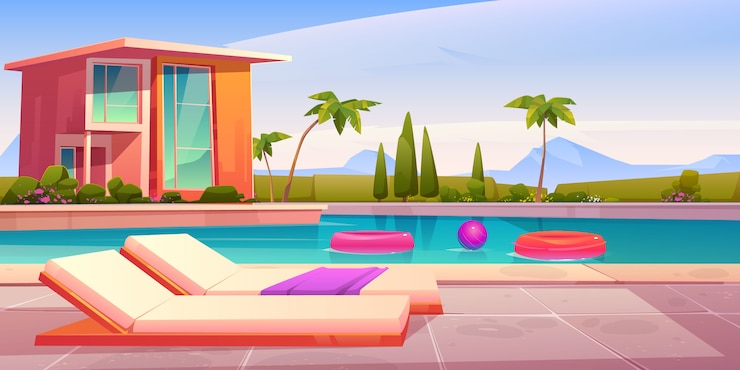 Free Vector house and swimming pool with deck chairs