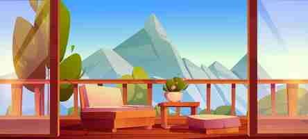 Free vector house terrace, wooden balcony with table, couch and view to mountains. vector cartoon illustration with home veranda with roof, fence and glass walls and landscape with rocks and green trees