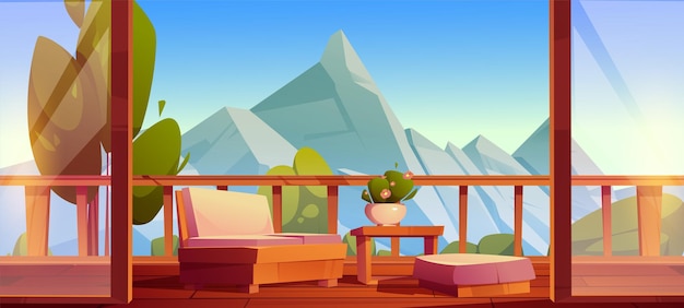 House terrace, wooden balcony with table, couch and view to mountains. Vector cartoon illustration with home veranda with roof, fence and glass walls and landscape with rocks and green trees