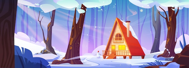 Free vector house and tree in winter forest cartoon background