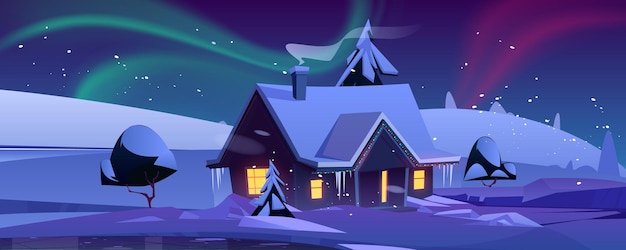 겨울 풍경에 밤에 크리스마스 장식 집