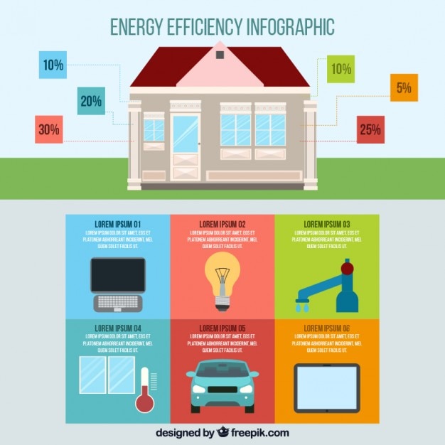 House with infographic elements about energy efficiency